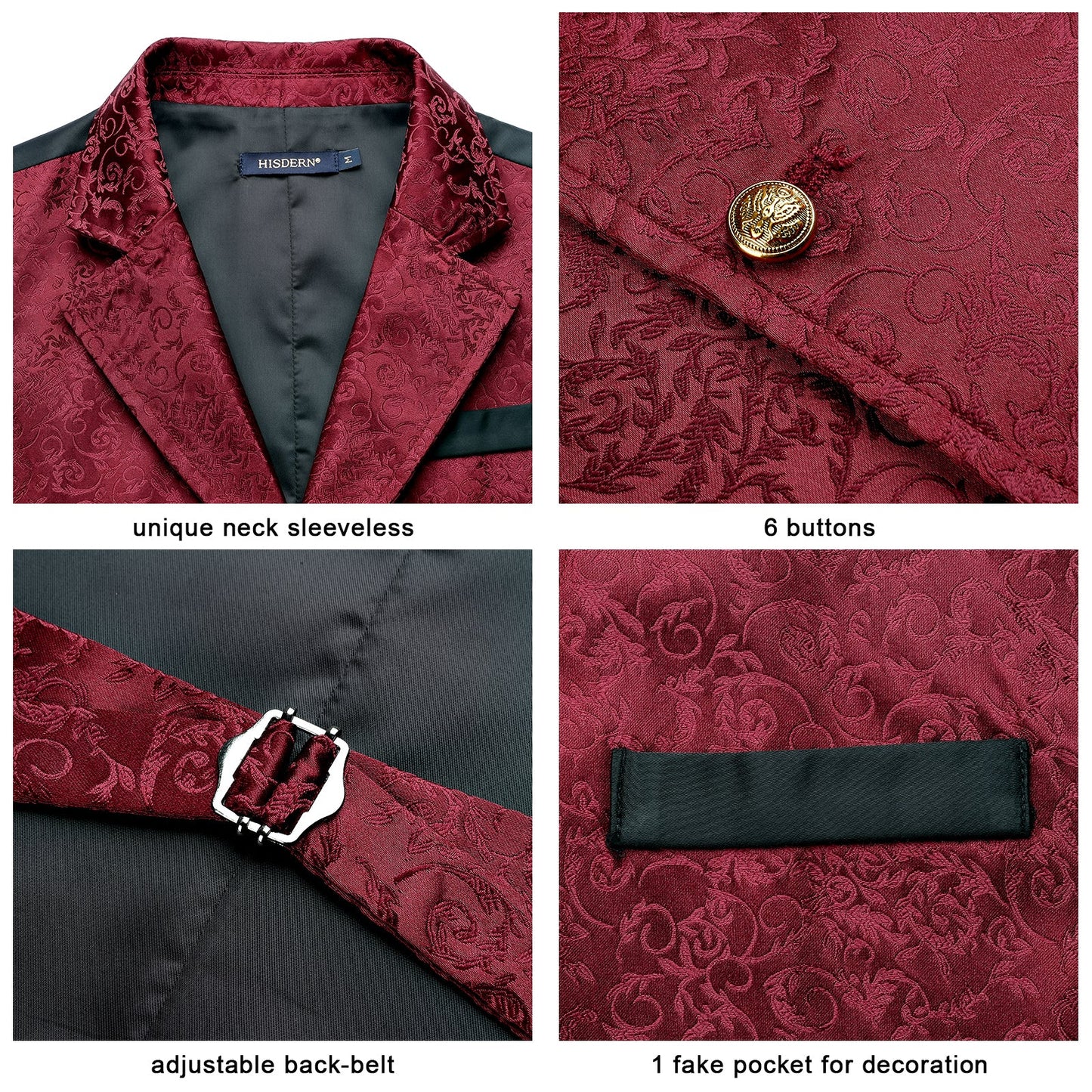 Hisdern Gothic Men's Formal Vest Burgundy Lapel Party Coat