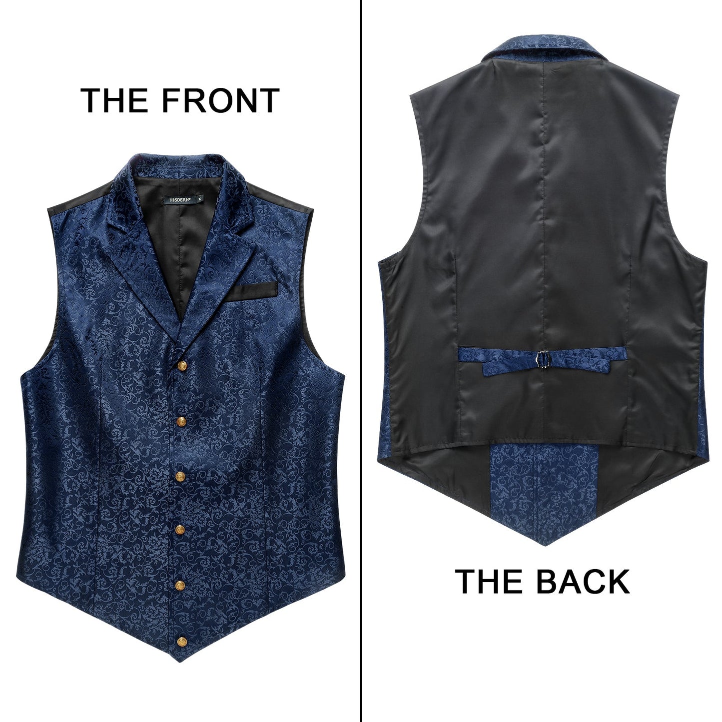 Hisdern Gothic Men's Formal Vest Navy Blue Lapel Party Coat