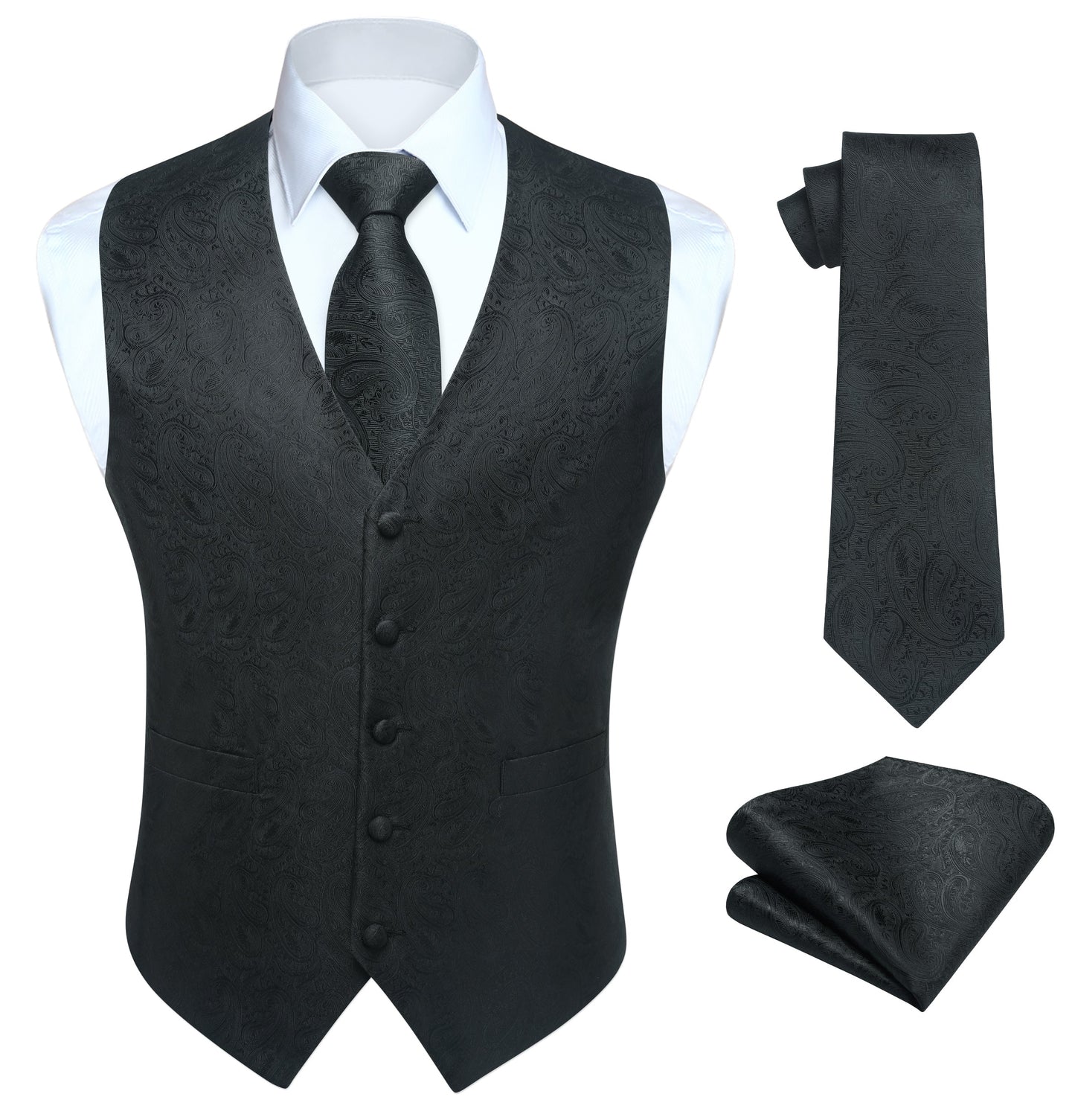 Hisdern Men's Black Paisley Vest Tie Set For Weddings Anniversary