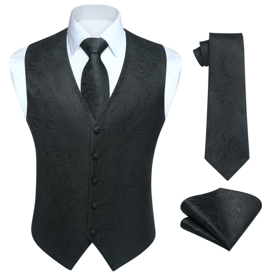Hisdern Men's Black Paisley Vest Tie Set For Weddings Anniversary