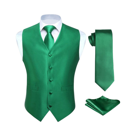 Hisdern Men's Green Solid Vest Tie Set For Weddings Anniversary