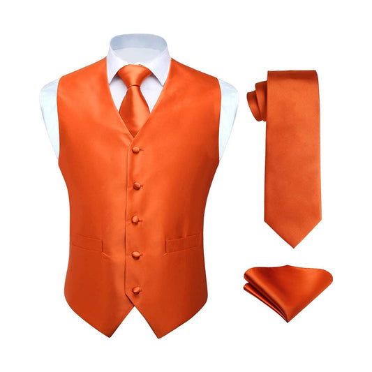 Hisdern Men's Orange Solid Vest Tie Set For Weddings