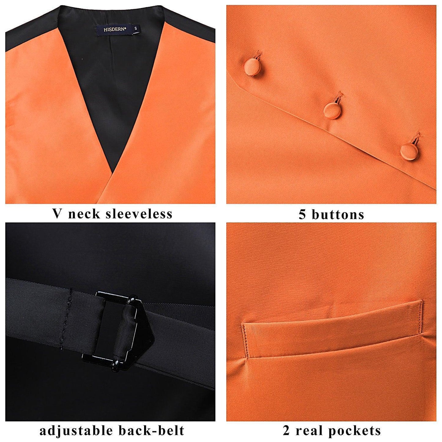 Hisdern Men's Orange Solid Vest Tie Set For Weddings