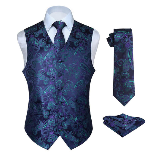 Hisdern Men's Purple Green Paisley Vest Tie Set For Weddings