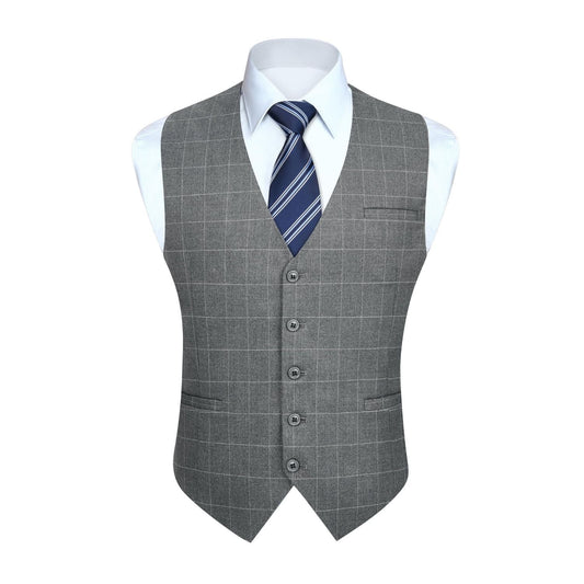 Hisdern Men's Grey Plaid Wedding Vest For Skinny Guys