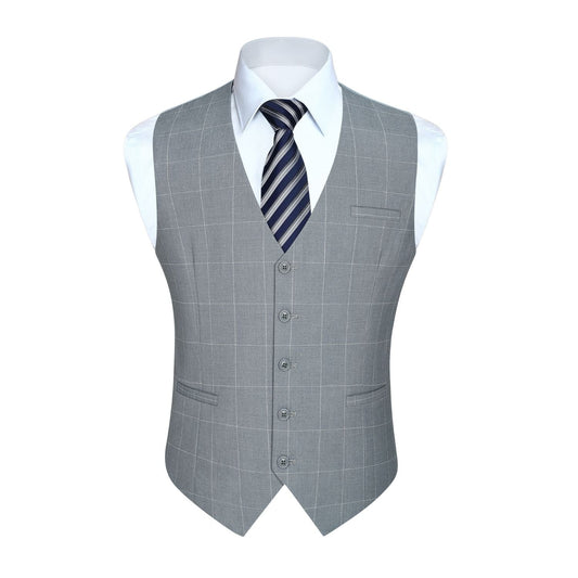 Hisdern Men's Grey Light Plaid Wedding Vest For Skinny Guys