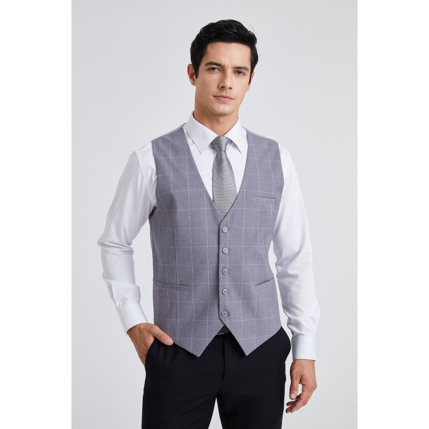 Hisdern Men's Grey Light Plaid Wedding Vest For Skinny Guys