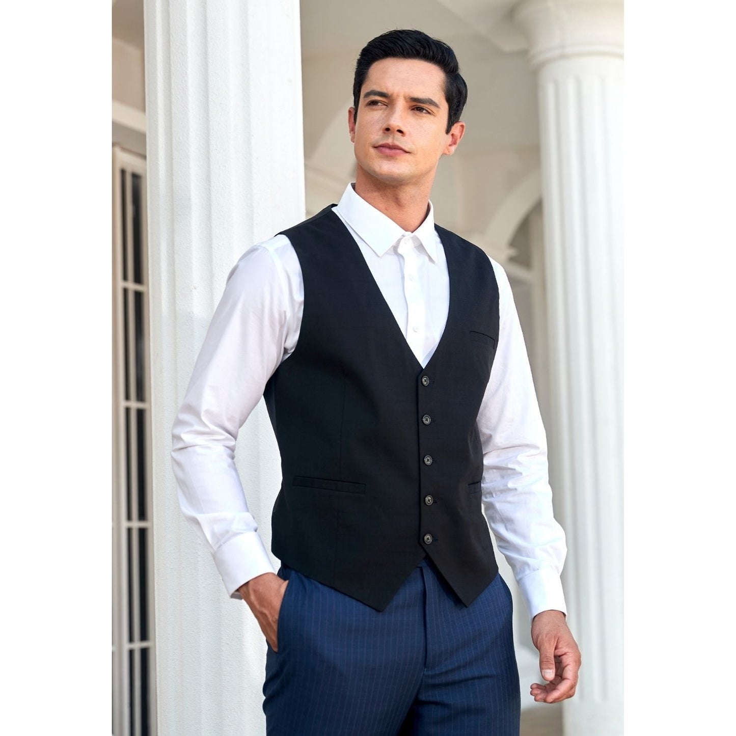 Hisdern Men's Black Plaid Wedding Vest For Skinny Guys