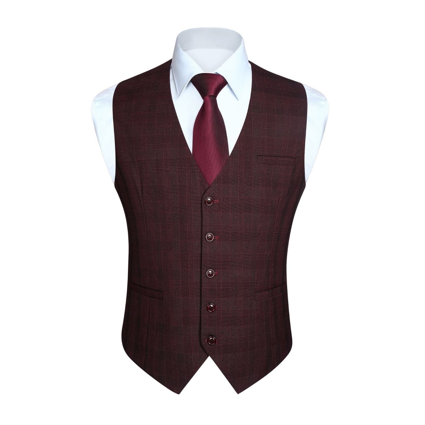 Hisdern Men's Red Marron Plaid Wedding Vest For Skinny Guys