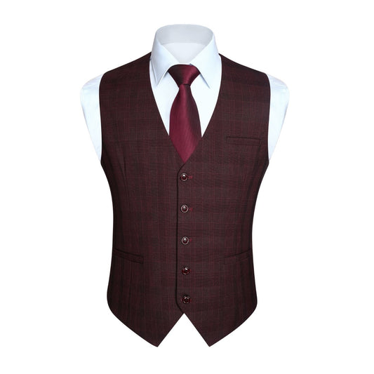 Hisdern Men's Red Marron Plaid Wedding Vest For Skinny Guys