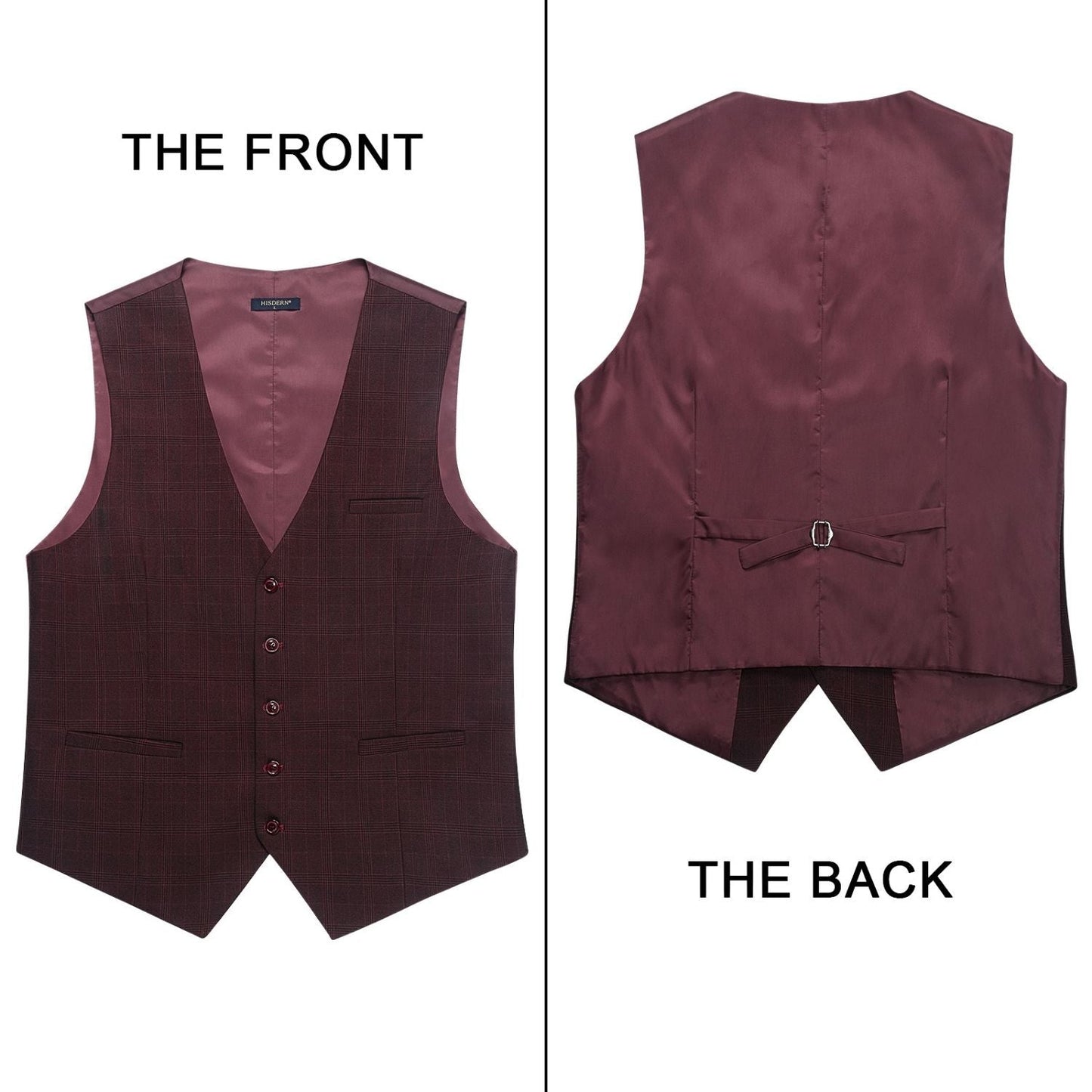 Hisdern Men's Red Marron Plaid Wedding Vest For Skinny Guys