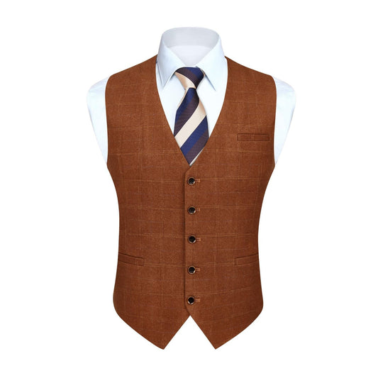 Hisdern Men's Orange Plaid Wedding Vest For Skinny Guys