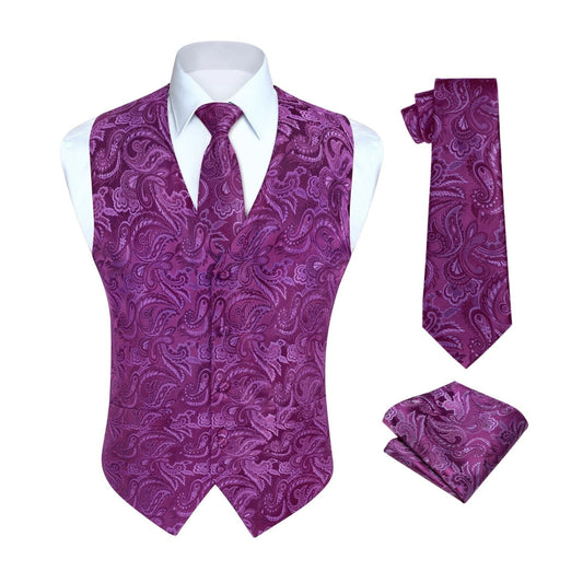 Hisdern Men's Purple Paisley Vest Tie Set For Weddings