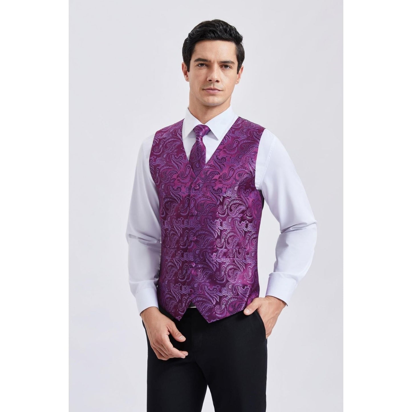 Hisdern Men's Purple Paisley Vest Tie Set For Weddings