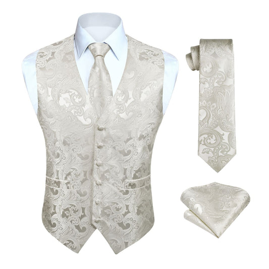 Hisdern Men's White Beige Vest Tie Set For Weddings