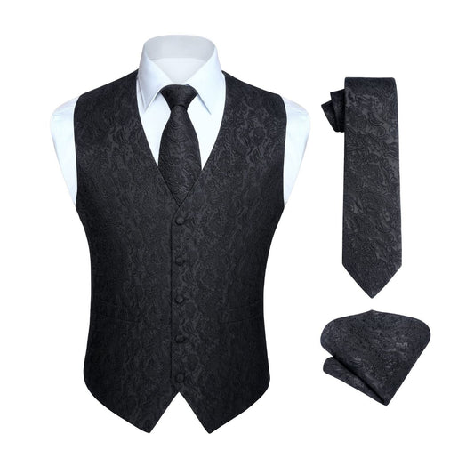 Hisdern Men's Black Paisley Vest Tie Set For Weddings