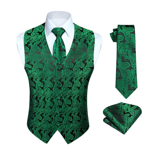 Hisdern Men's Green Paisley Vest Tie Set For Weddings Anniversary