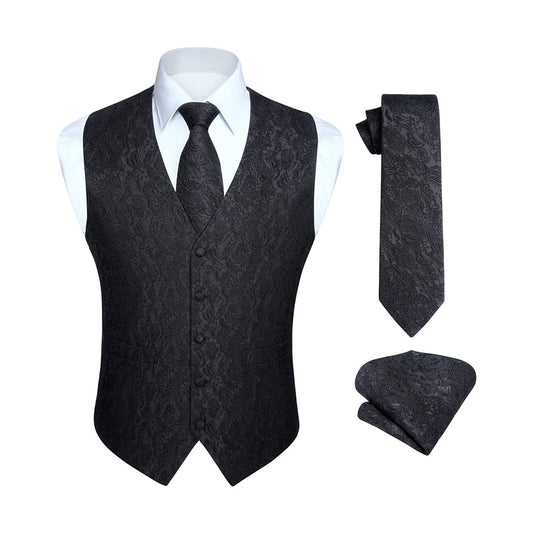 Hisdern Men's Black Paisley Vest Tie Set For Weddings