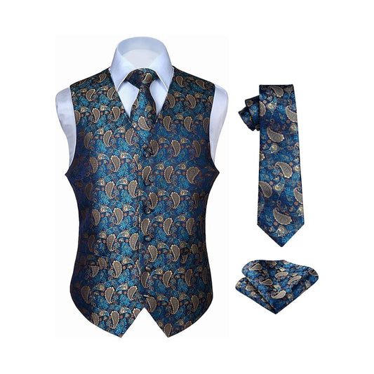 Hisdern Men's Navy Blue Brown Paisley Vest Tie Set For Weddings