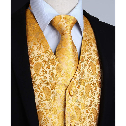 Hisdern Men's Deep Yellow Paisley Vest Tie Set For Weddings Anniversary