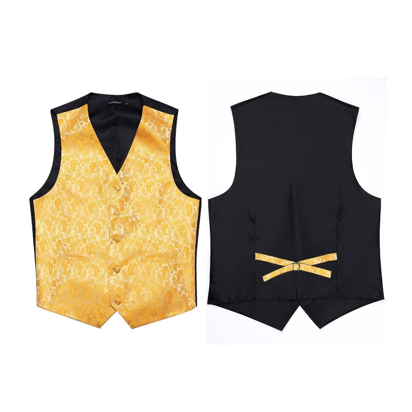 Hisdern Men's Deep Yellow Paisley Vest Tie Set For Weddings Anniversary