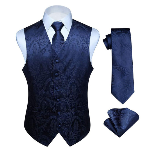 Hisdern Navy Blue Paisley Suit Vest Tie Handkerchief Set For Wedding