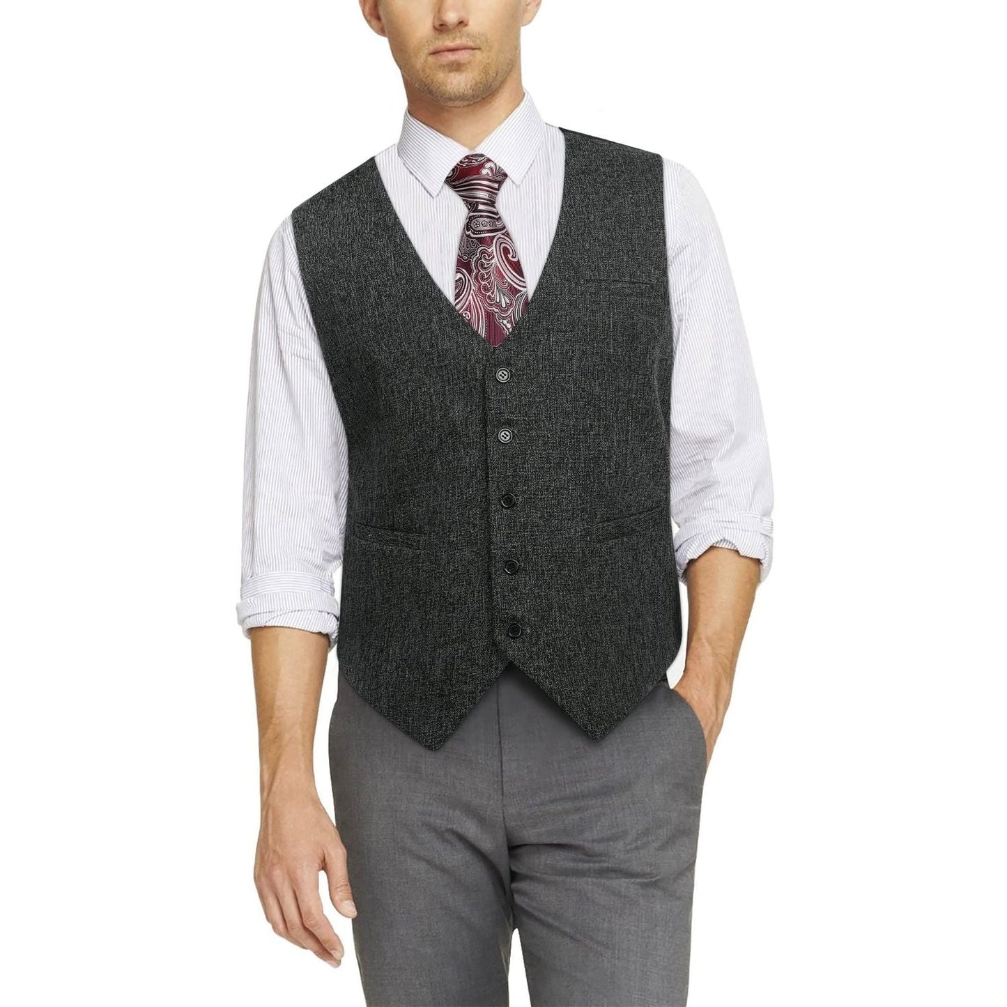 Hisdern Men's Dark Grey Satin Suit Vest Formal Wear