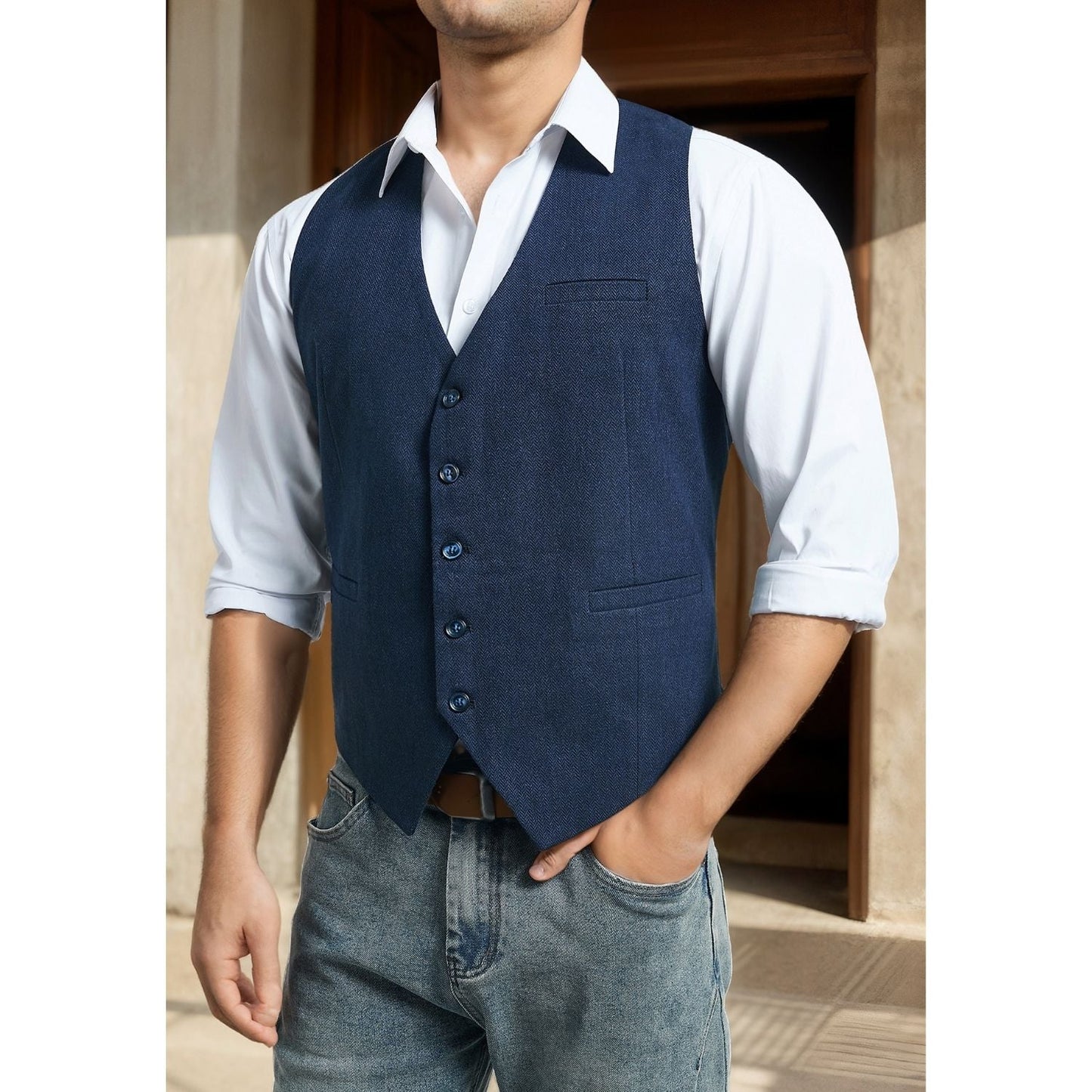 Hisdern Men's Herringbone Tweed Vest Blue Casual Winter Layering