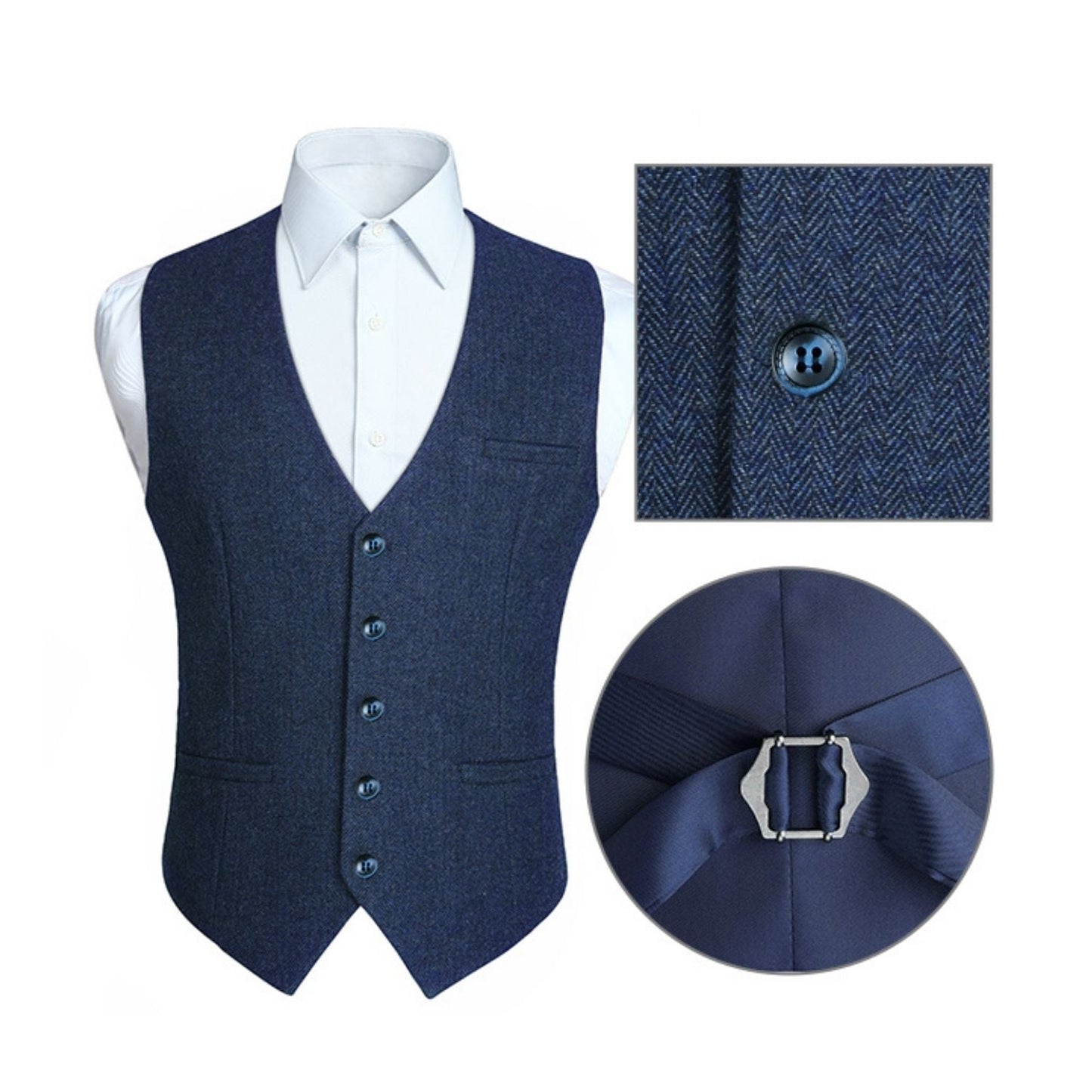 Hisdern Men's Herringbone Tweed Vest Blue Casual Winter Layering