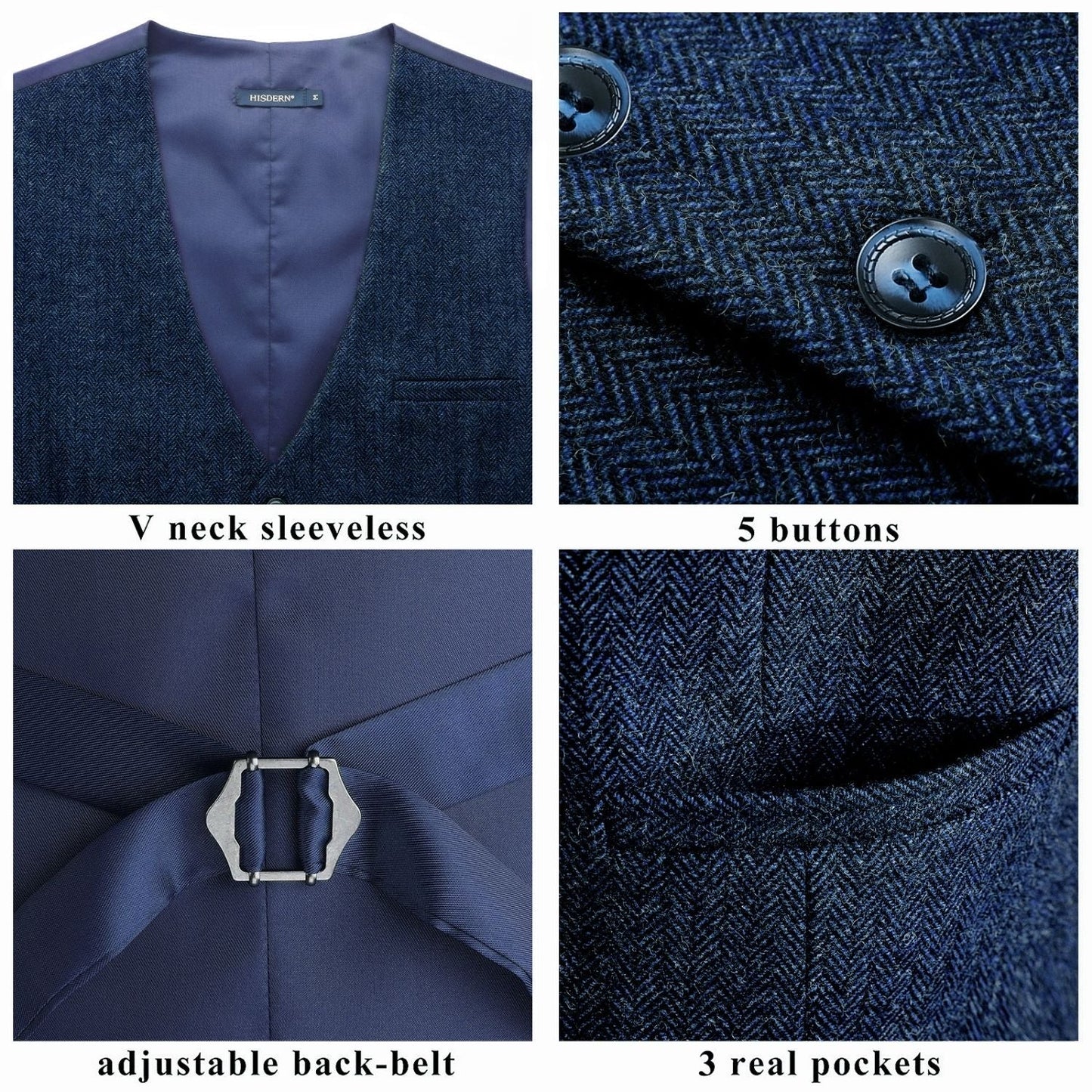 Hisdern Men's Herringbone Tweed Vest Blue Casual Winter Layering