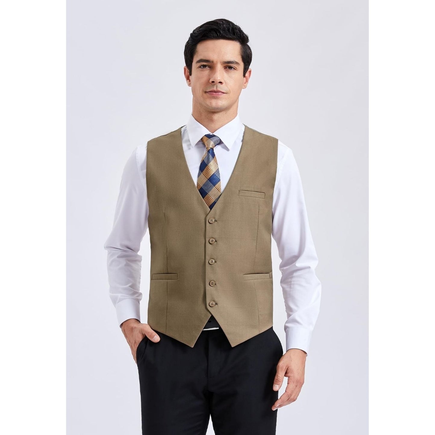 Hisdern Men's Khaki Satin Suit Vest Formal Wear