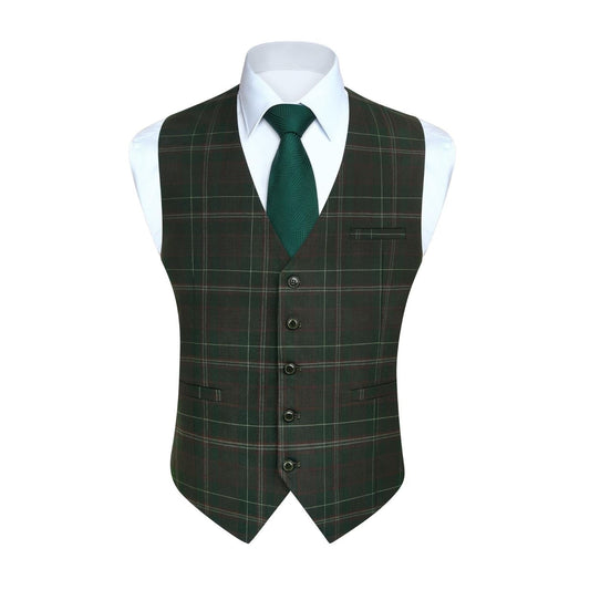 Hisdern Men's Green Plaid Wedding Vest For Skinny Guys