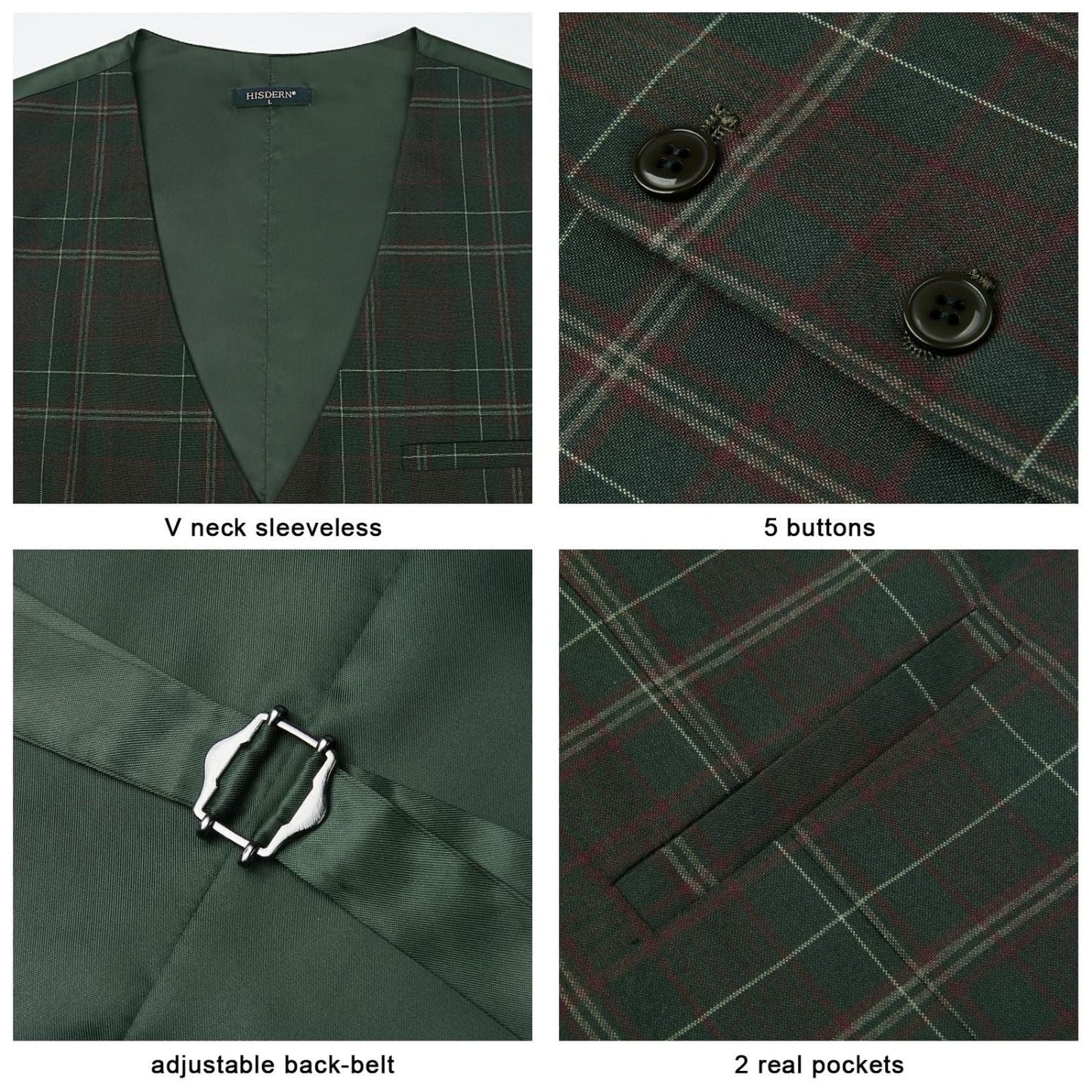 Hisdern Men's Green Plaid Wedding Vest For Skinny Guys