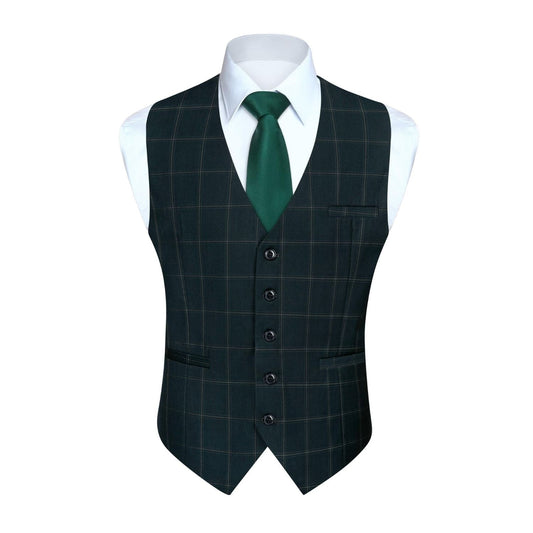 Hisdern Men's Green Plaid Wedding Vest For Skinny Guys