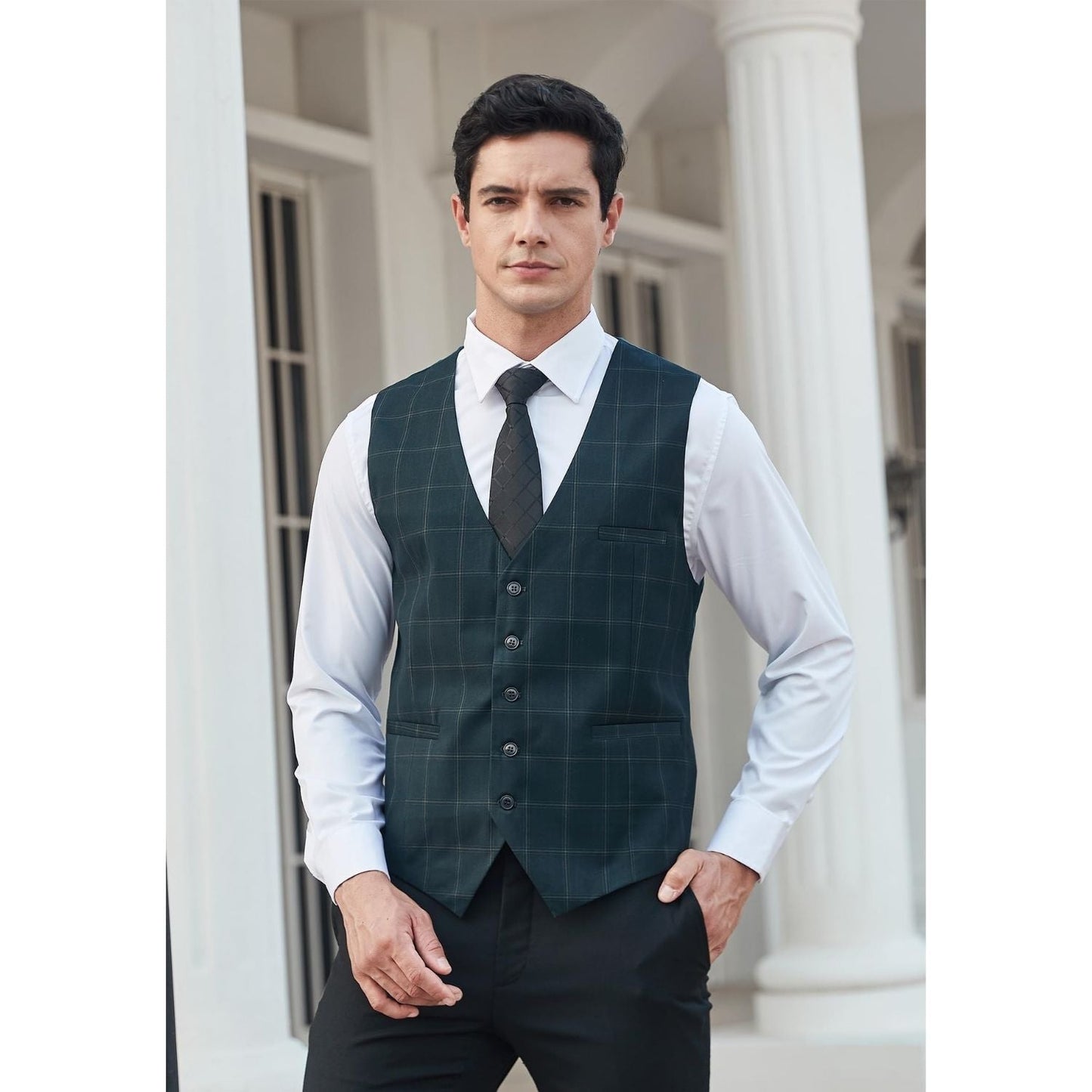 Hisdern Men's Green Plaid Wedding Vest For Skinny Guys