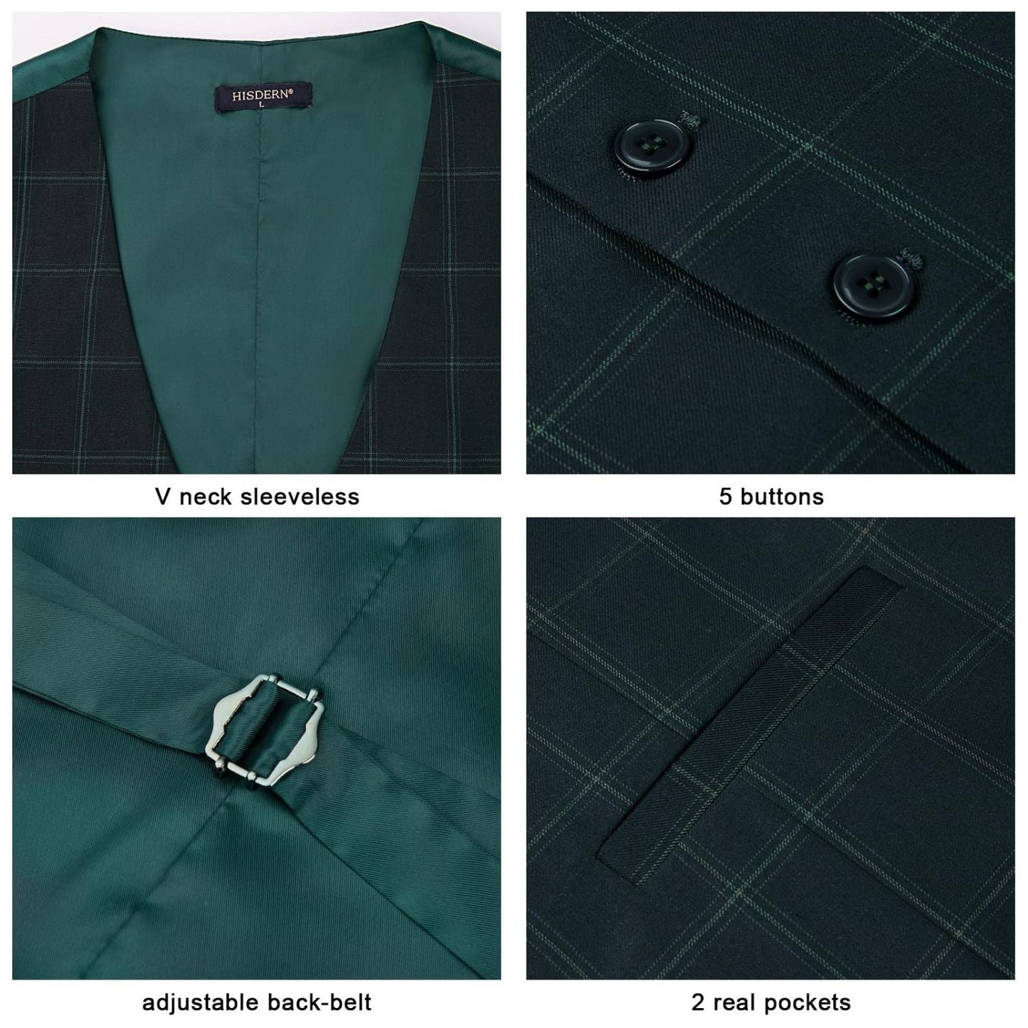 Hisdern Men's Green Plaid Wedding Vest For Skinny Guys