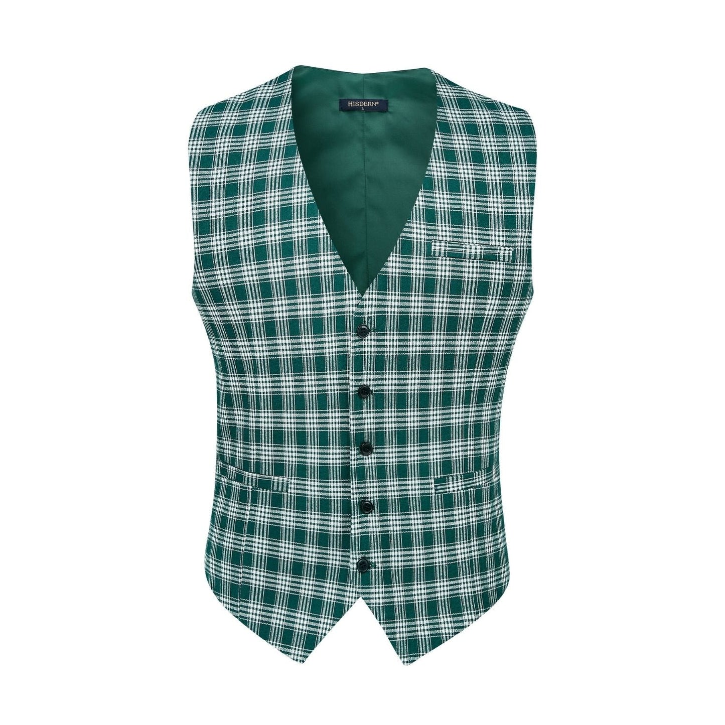 Hisdern Men's Green Plaid Wedding Vest For Skinny Guys