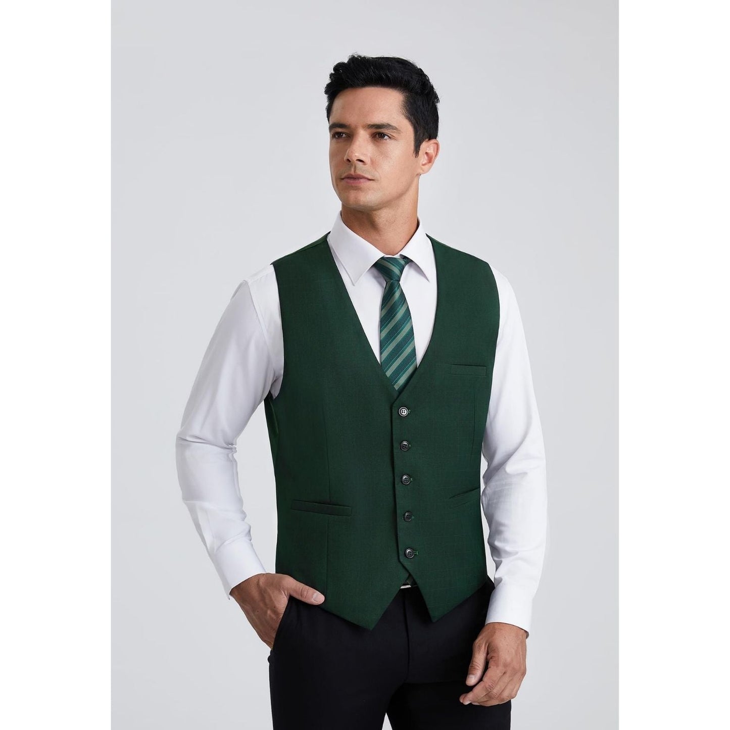 Hisdern Men's Dark Green Plaid Wedding Vest For Skinny Guys