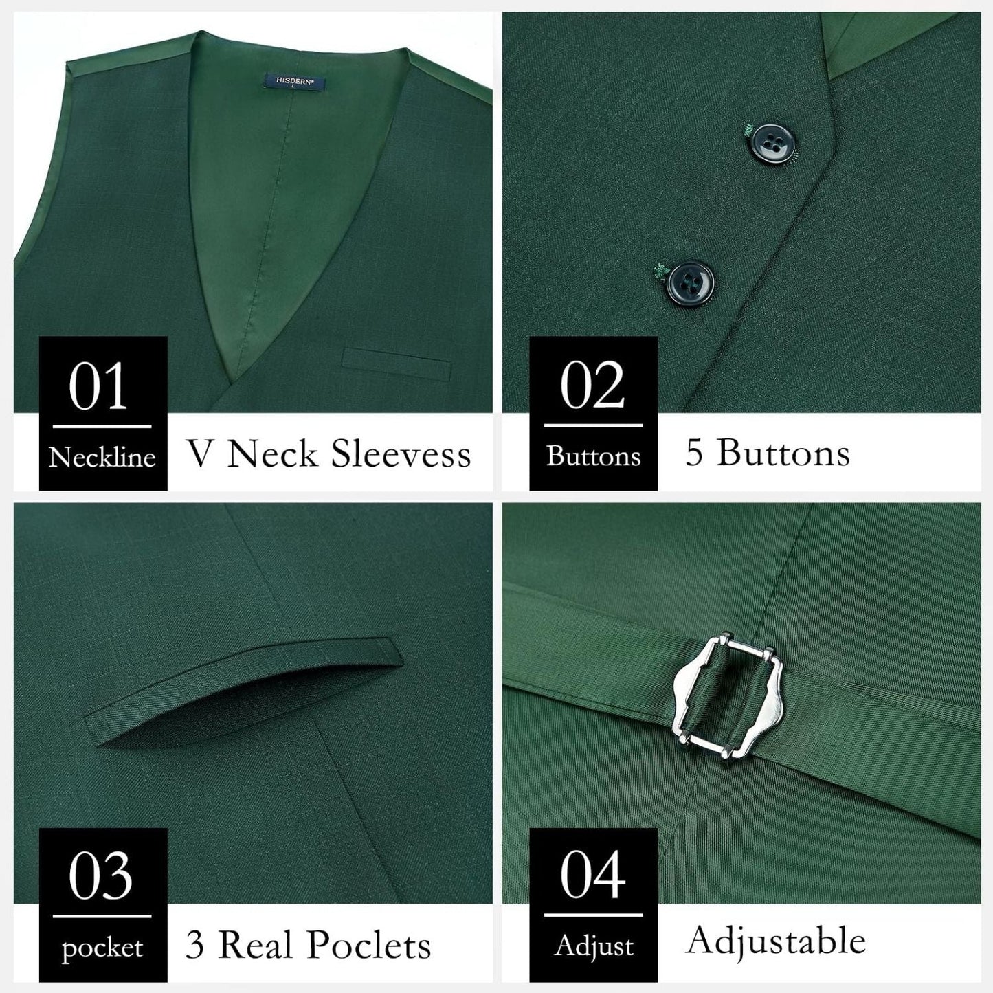 Hisdern Men's Dark Green Plaid Wedding Vest For Skinny Guys