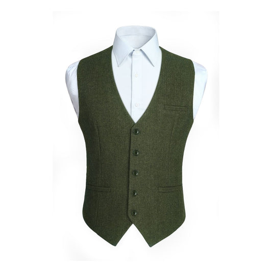 Hisdern Men's Herringbone Tweed Vest Army Green Casual Winter Layering