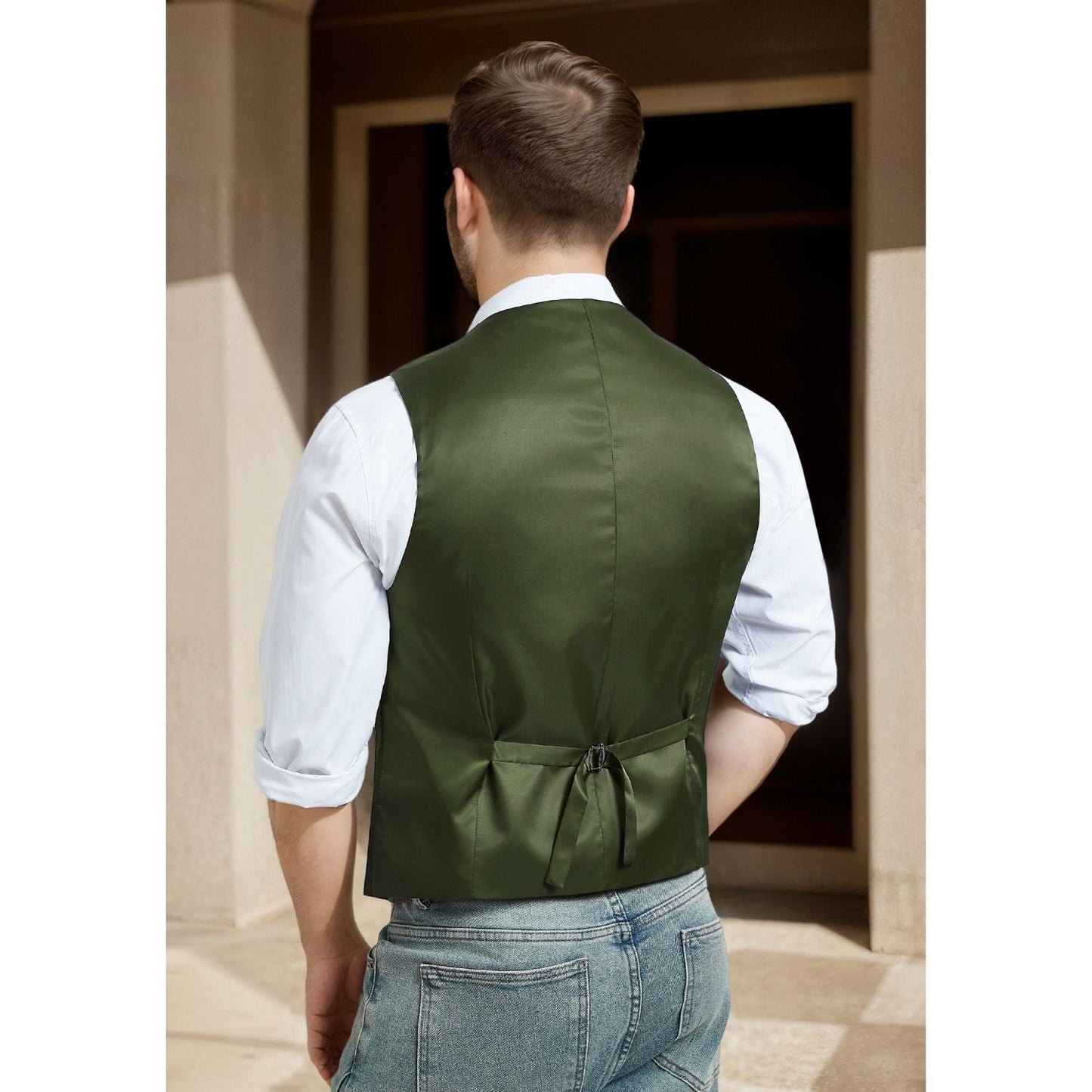 Hisdern Men's Herringbone Tweed Vest Army Green Casual Winter Layering