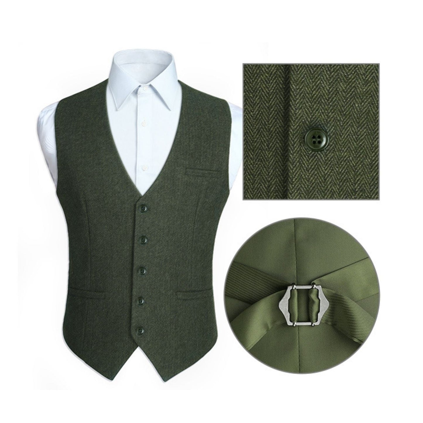 Hisdern Men's Herringbone Tweed Vest Army Green Casual Winter Layering