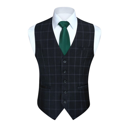Hisdern Men's Black Plaid Wedding Vest For Skinny Guys
