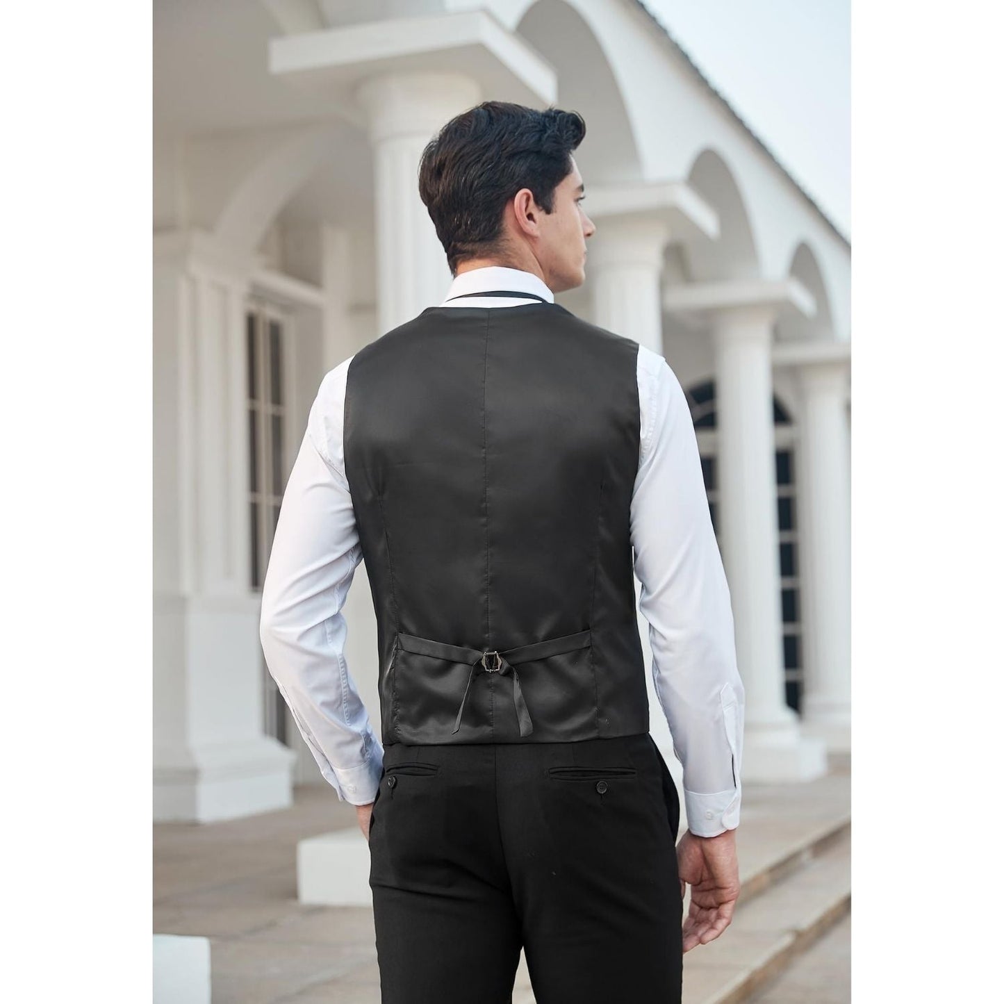 Hisdern Men's Black Plaid Wedding Vest For Skinny Guys