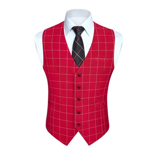 Hisdern Men's Red Plaid Wedding Vest For Skinny Guys