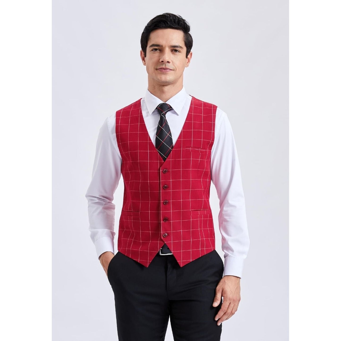 Hisdern Men's Red Plaid Wedding Vest For Skinny Guys