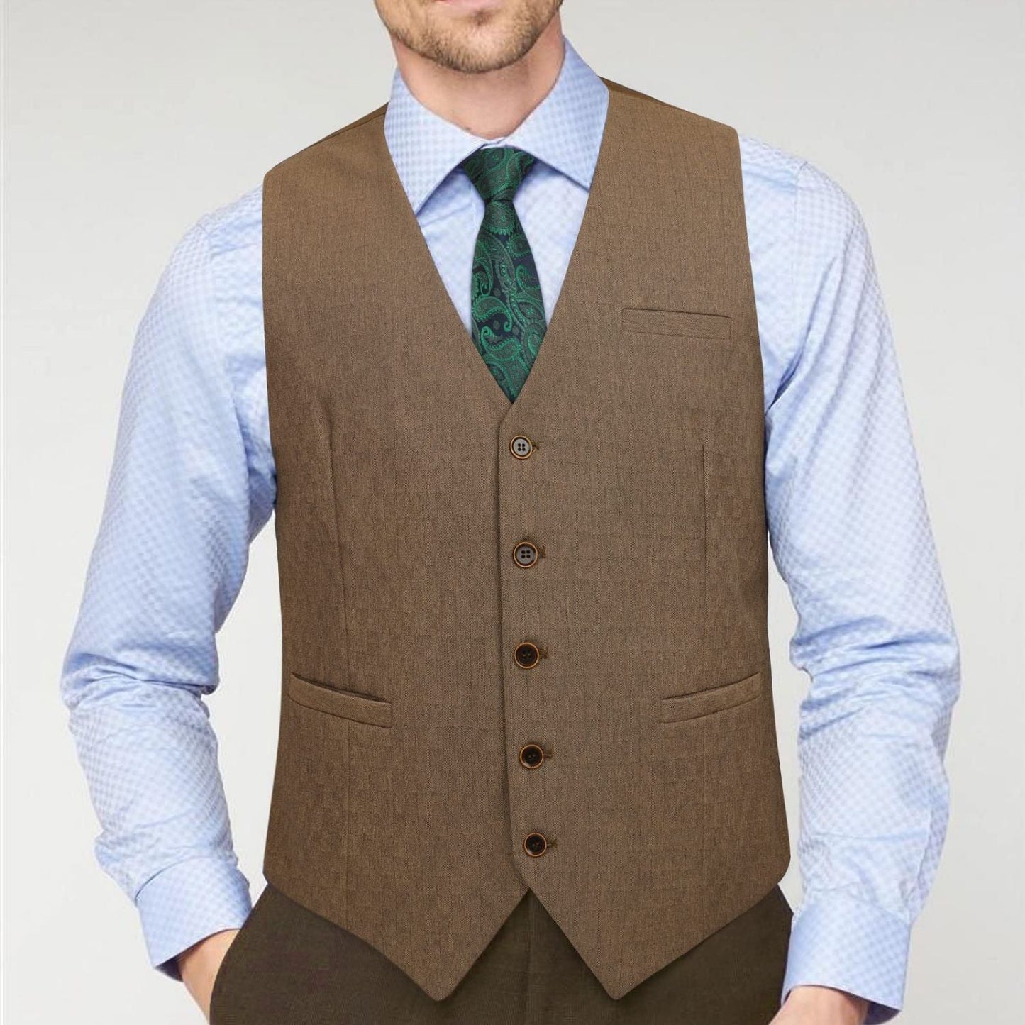 Hisdern Men's Khaki Solid Wedding Vest For Skinny Guys