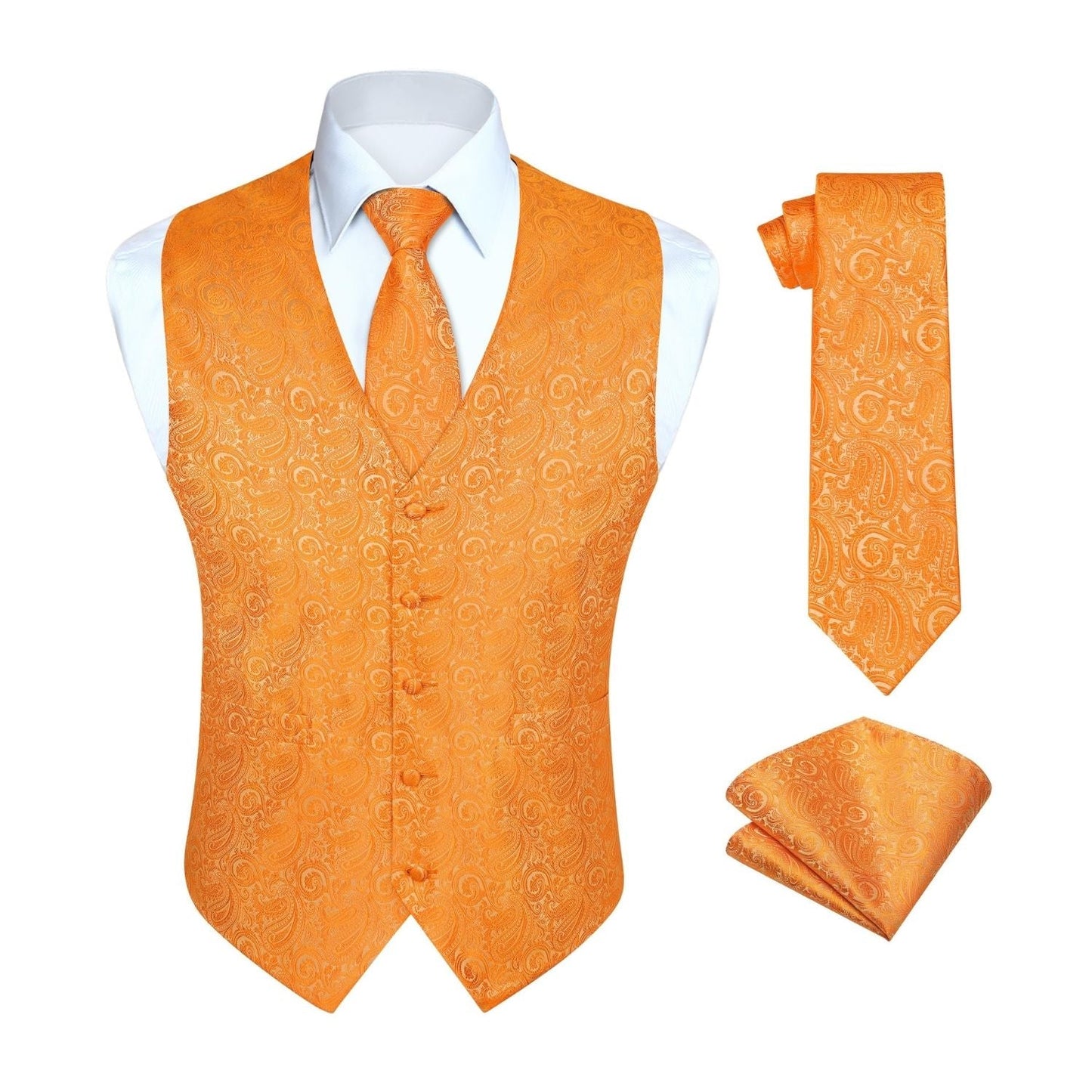 Hisdern Men's Orange Paisley Vest Tie Set For Weddings Anniversary