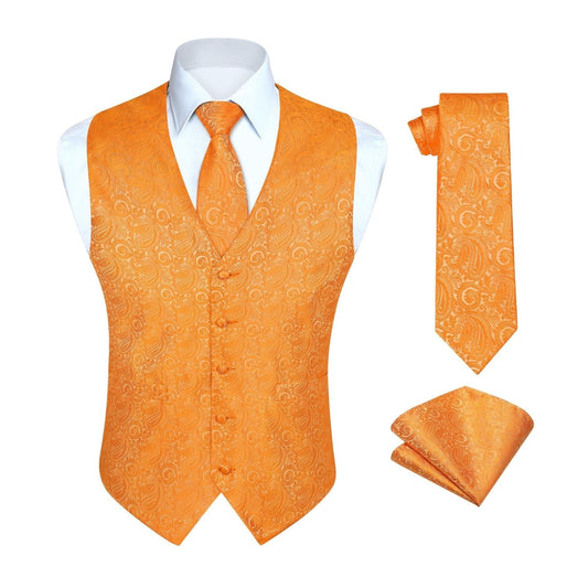 Hisdern Men's Orange Paisley Vest Tie Set For Weddings Anniversary