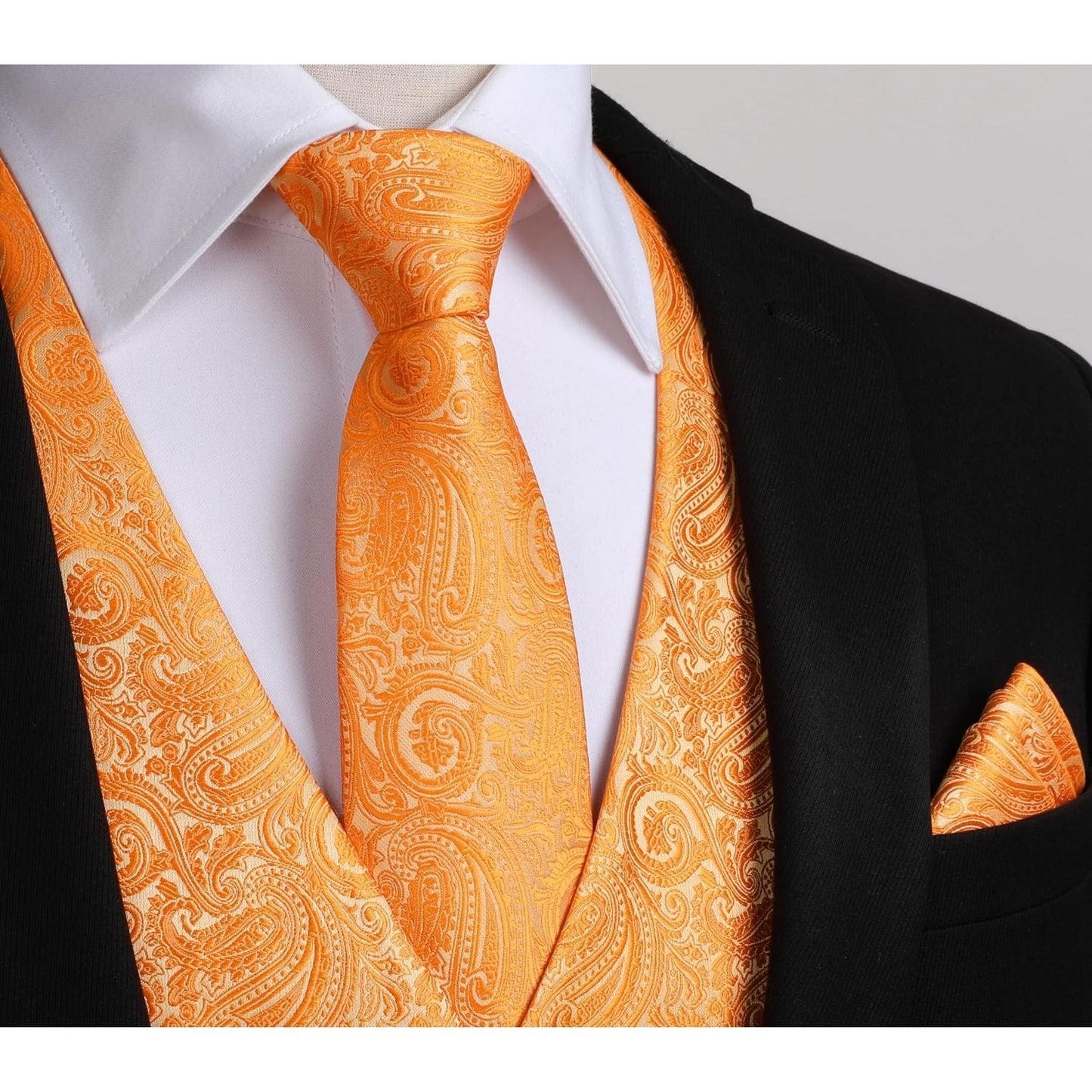 Hisdern Men's Orange Paisley Vest Tie Set For Weddings Anniversary